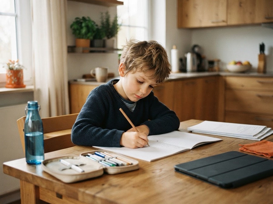 Ein kleiner Junge macht am Küchentisch Hausaufgaben, daneben liegt ein Tablet