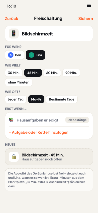 Freischaltung einrichten: Bildschirmzeit nach den Hausaufgaben