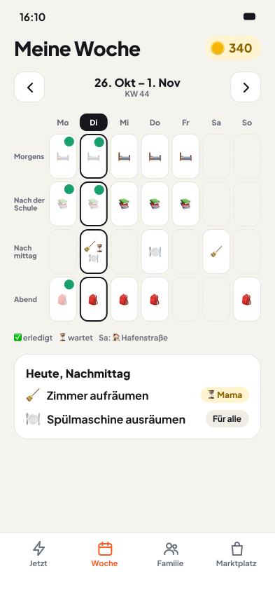Wochenplan in der App, aufgebaut wie ein Stundenplan