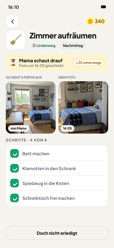 Aufgabe „Zimmer aufräumen“ mit Schritten und Referenzbild