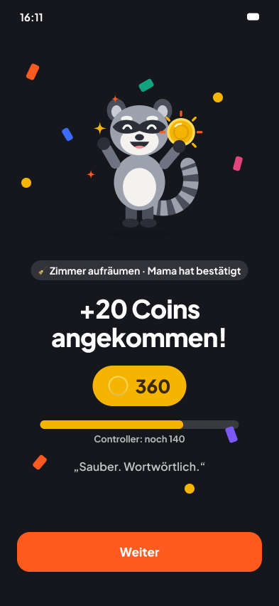 Feier in der App: +20 Coins angekommen, Socke der Waschbär jubelt